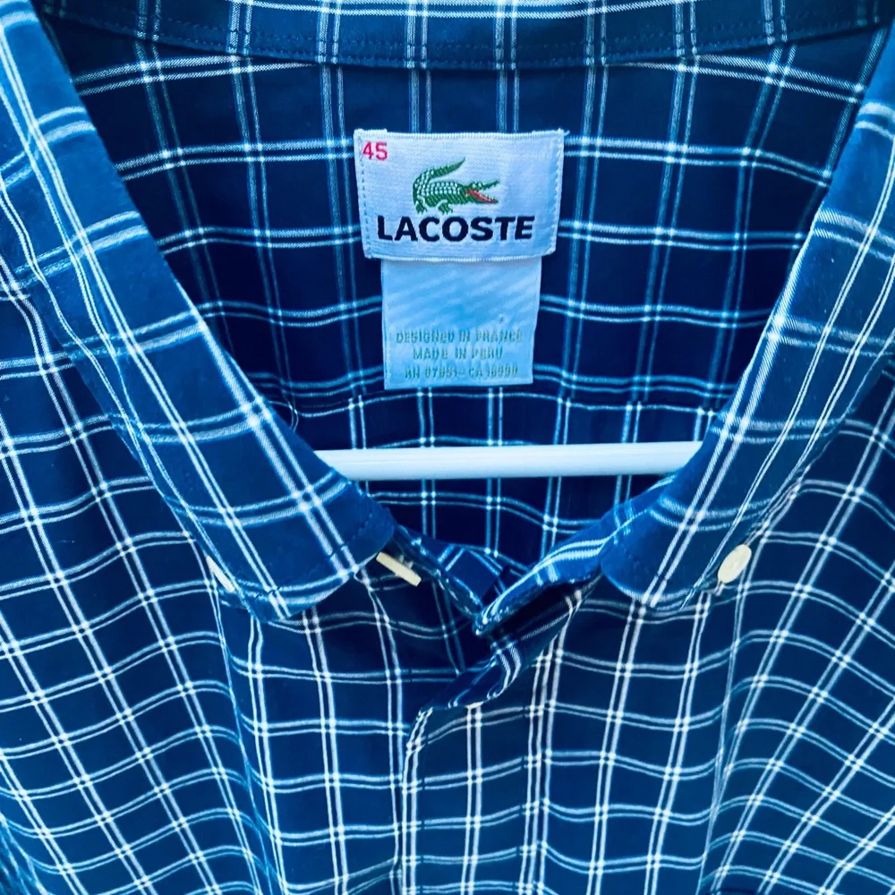 LACOSTE MENS LONG SLEEVE BUTTON DOWN SHIRT SZ45/XXL NAVY BLUE/WHITE SMALL CHECKS - Picture 2 of 10